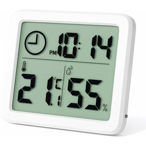 Mini Thermometre Interieur Numérique, Hygrometre Portable Professionnel à Grand Écran avec Horloge, Thermomètre Blanc Précis, Hygromètrepour la Maison, Chambre de Bébé, Bureau, Serre