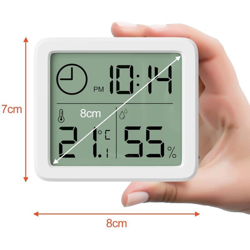 Mini Thermometre Interieur Numérique, Hygrometre Portable Professionnel à Grand Écran avec Horloge, Thermomètre Blanc Précis, Hygromètrepour la