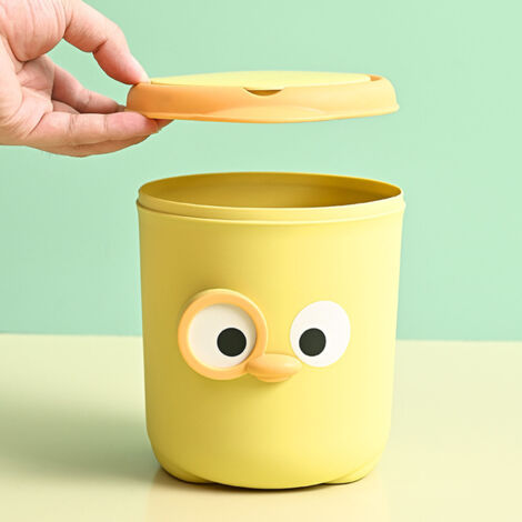 Mini-Tischmülleimer mit Deckel im Cartoon-Design – Kleiner gelber Abfalleimer aus Kunststoff für Schreibtisch, Tisch, Schlafzimmer