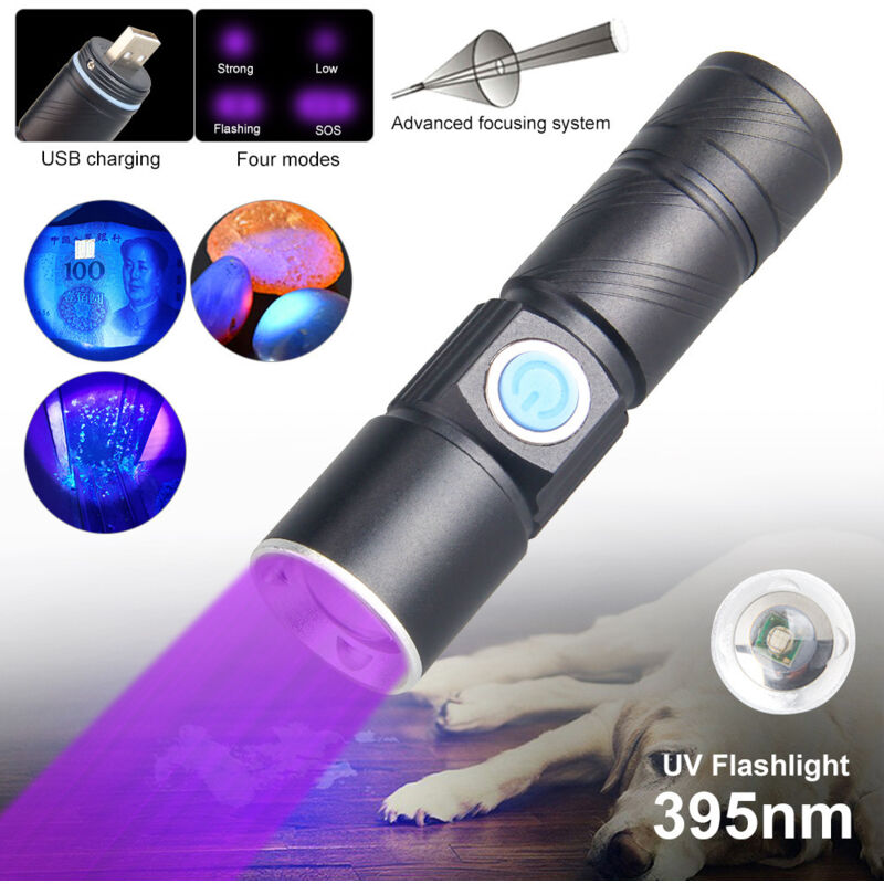 Mini torche USB en alliage d'aluminium (lumière violette), torche rechargeable à lumière forte LED