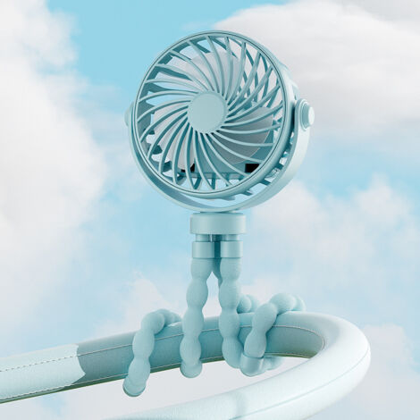 Mini-Tragbarer Oktopus-Ventilator, USB-aufladbar, 3 Geschwindigkeitsstufen, mit Aufhänger und Abdeckung, kompatibel – Blau
