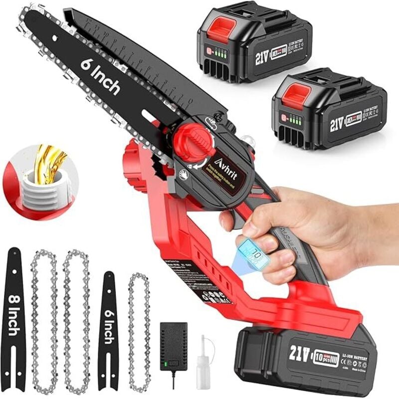 Seesii - Mini Tronçonneuse 8 et 6 Pouces, Avhrit Tronçonneuse à Batterie Sans Fil, 8000 mAh, Moteur Sans Balais, Réglage de la Chaîne Sans Outil,