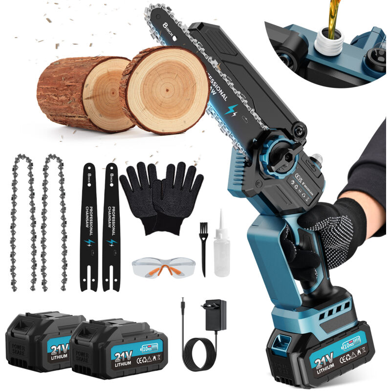 Circlio - 8 Pouces Tronconneuse a Batterie, Mini Tronçonneuse Électrique Sans Fil Brushless à Batterie 8000mAh, avec Injecteur de Lubrifiant de la