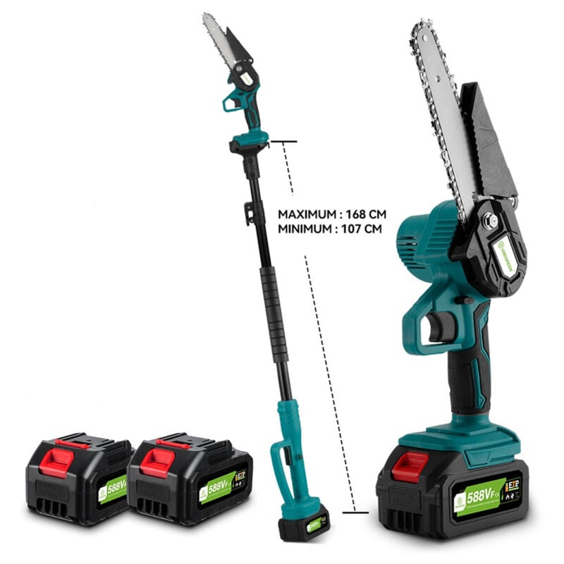 Mini Tronçonneuse à Batterie 6 Pouces Brushless , 2 en 1 élagueuse électrique pour perche,Extension jusqu'à 1.68 m, Avec deux batteries