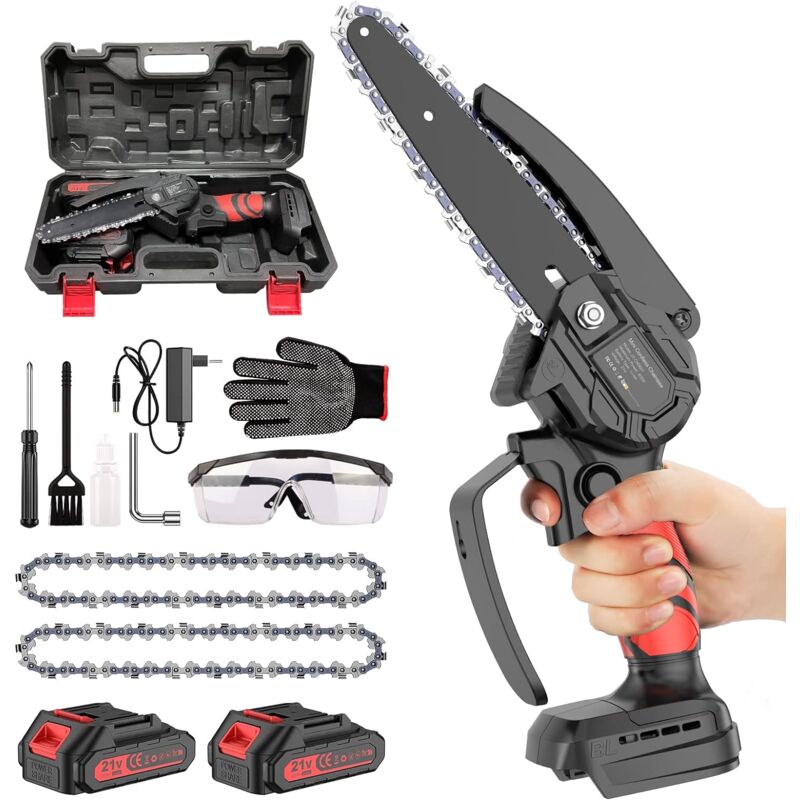 Ikodm - Mini Tronconneuse a Batterie, 6 Pouces Tronçonneuse Sans Fil Electrique, Tronçonneuse à Main 2 Batterie, 2Chaîne Pour La Coupe Du Bois, Les