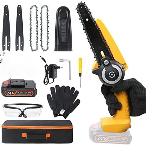 Mini Tronçonneuse A Batterie 6 ", Tronconneuse Electrique sans Fil avec Verrou de Sécurité, Coupe Branche Electrique L'élagage de Jardin (2 Chaînes, 1 Batterie, Lunettes, Gants de Sécurité)