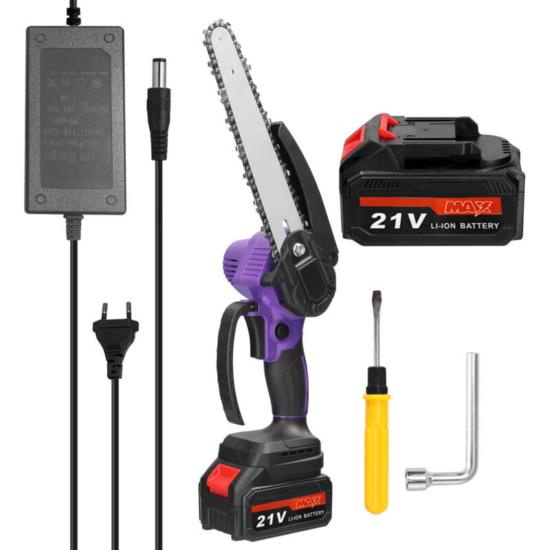 SNQ - Mini Tronconneuse a Batterie, 8 Pouces Tronçonneuse Sans Fil Electrique 21V,, Tronçonneuse à Main 2 Batterie, 1Chaîne Pour La Coupe Du Bois,