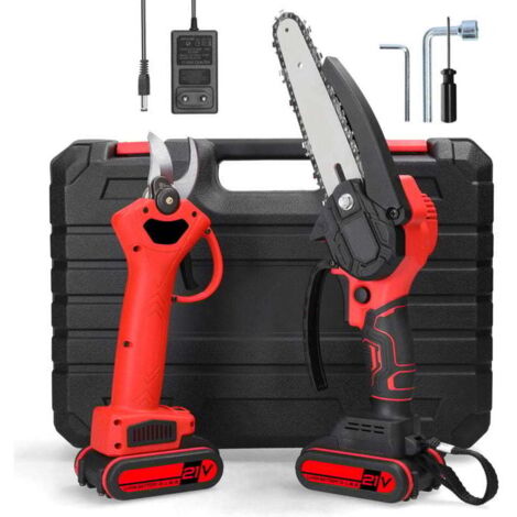Mini Tronçonneuse à Batterie +Secateur Electrique sans Fil pour Couper du Bois et Tailler des Branches dans le Jardin (Rouge)