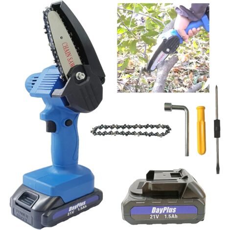 Mini-tronçonneuse avec batterie 4 pouces Petite tronçonneuse à la scie à tronçonneuse à la chaîne à la ligne unique avec 1 piles et 1 chaînes, serrure de sécurité, tronçonneuse électrique adaptée à l'horticulture / arbres / en bois de jardin