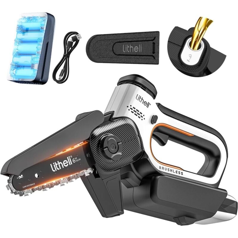 Litheli - Mini tronçonneuse de 150 mm avec moteur sans balai, lubrificateur automatique pour cisailles de jardin, coupe de bois, branches d'arbres