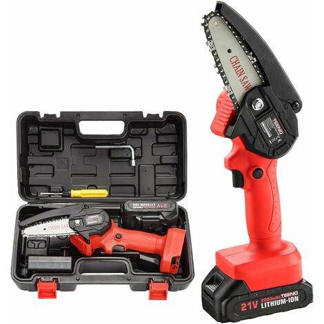 Tronçonneuse Sans Fil de 4 pouces et 2*batteries, TEENO Mini tronconneuse à batterie Rechargeable 21V avec Bouton de Sûreté - Rouge