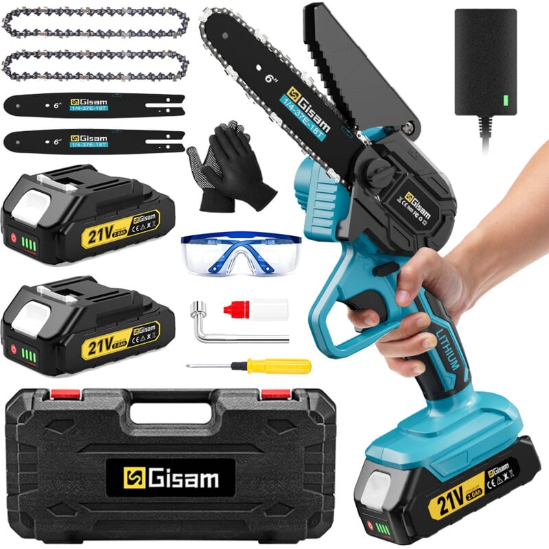 Gisam - Mini tronçonneuse électrique sans balais 6 pouces avec 2 batteries 21V2.0 Ah avec de nombreuses chaînes de guidage pour jardinage cour ferme