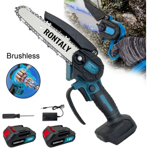 Mini tronçonneuse électrique sans fil de 6 pouces, Sans balais,scie à une main, coupe-bois, pour jardin, branche, coupe de bois, + 2 piles 3,0 A + chargeur, Compatible avec la batterie Makita