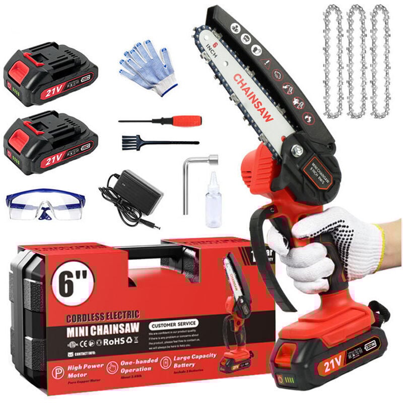 SNQ - Mini tronçonneuse électrique, tronçonneuse électrique de 6 pouces avec 2 batteries, 1 tronçonneuse + 1 guide, mini tronçonneuse électrique sans