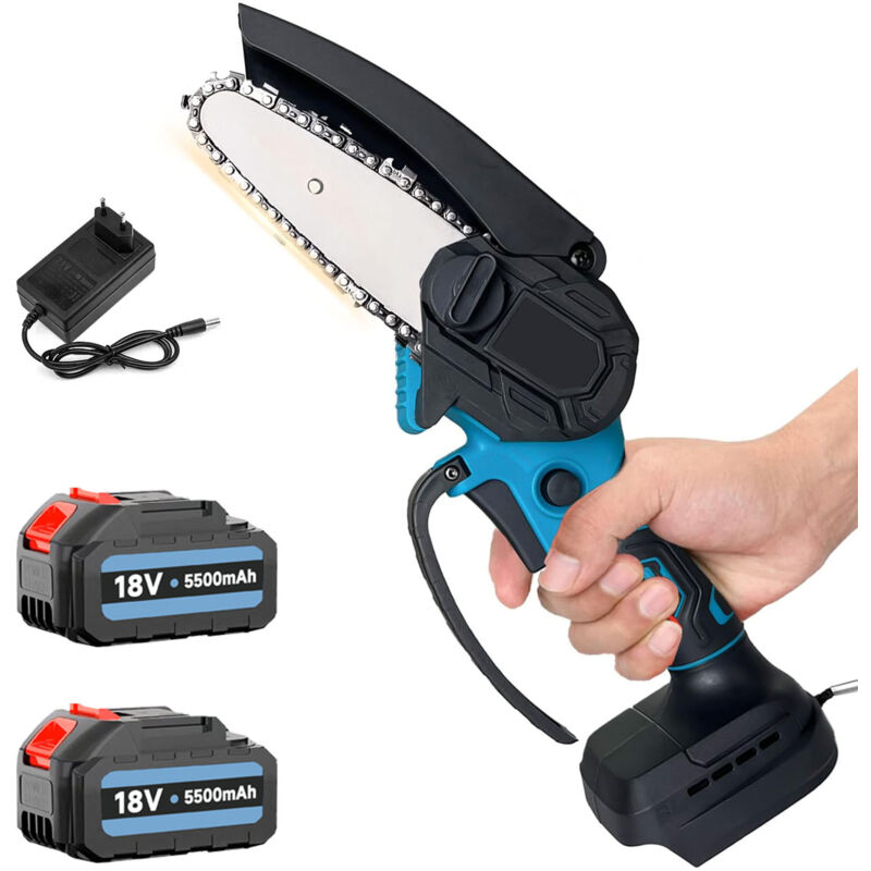 Mini tronçonneuse sans fil 4 pouces, scies à chaîne électriques avec verrou de sécurité, petite tronçonneuse portative, 2 batterie 5,5 A + chargeur ,