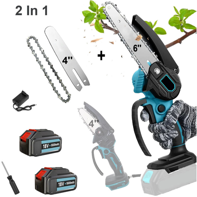 Mini tronçonneuse sans fil 6'' avec plaque de guidage 4'' + chaîne 2 en 1, 2 batteries 5,5 Ah, tronçonneuse électrique portable pour branches