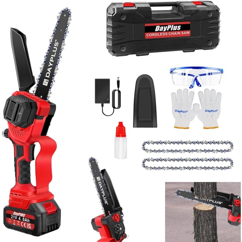 Lucn - Mini Tronçonneuse Sans Fil 8 Pouces, Tronçonneuse Électrique Sans Balai avec Batterie 4.0Ah, 2 Chaînes, Tronçonneuse à Une Main avec