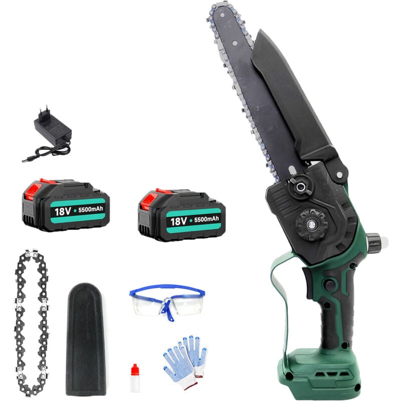 Mini tronçonneuses, tronçonneuse électrique sans fil de 8 pouces + 2 chaînes + 2 batteries de 5,5 Ah + chargeur, compatible avec la batterie Makita,