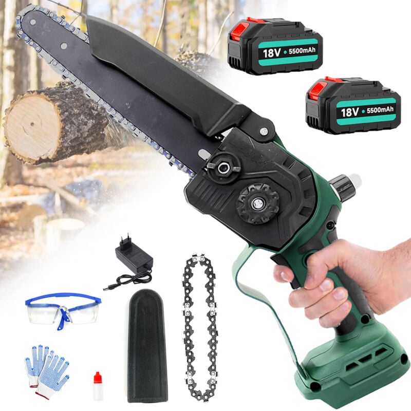 Mini tronçonneuses, Tronçonneuses Sans Fil Sans Balais de 8 Pouces, Scie à Bois à Une Main Robuste, Avec 2 Chaînes + 2x Batteries de 5500mAh +