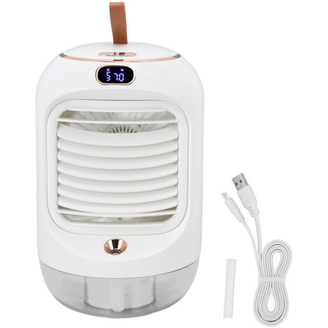 Mini-USB-Ventilator mit Luftbefeuchter und Aromatherapie – 3 Geschwindigkeitsstufen, 5 Flügel, kühlender Luftstrom, Nachtlicht, Weiß