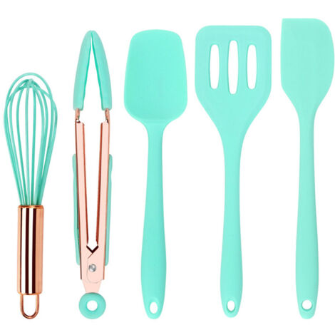 Mini Ustensiles de Cuisine en Silicone Vert, Lot de 5 avec Fouet, Spatule, Pince, Cuillère et Pelle