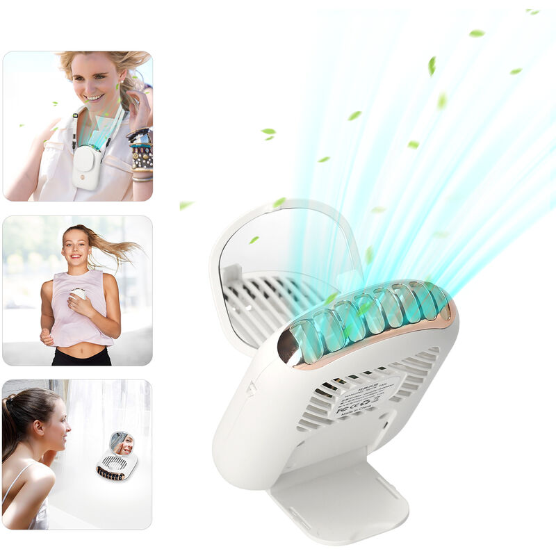 

Happyshopping - Mini ventilador de cuello colgante, con espejo cosmetico, ventilador de mano recargable,blanco