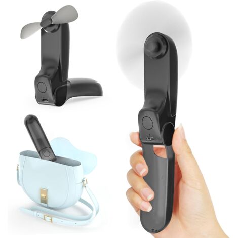 Mini ventilador de mano Koonie, 3 en 1, con 2 velocidades y 8 horas de autonomía, recargable por USB con batería externa para viajes, oficina, exteriores y verano, color negro