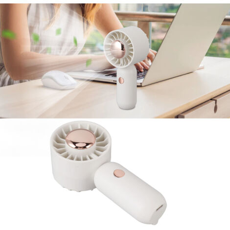 Mini ventilador de mesa portátil con puerto USB, batería de litio de 14500 mAh, carcasa de ABS blanca, ideal para estudiantes y viajeros.