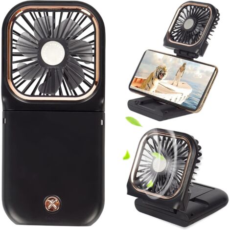Mini ventilador portátil 5 en 1 con batería externa, carga USB, 3000 mAh, 3 velocidades ajustables, correa para el cuello, color negro.