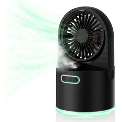 Mini ventilador portátil negro con función de niebla, 4 velocidades de viento y tanque de agua de 300 ml, adecuado para viajes y campamentos.