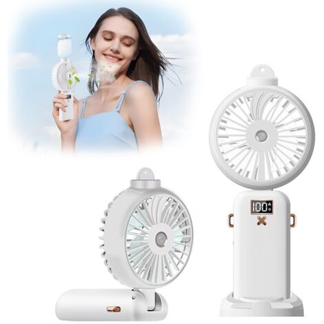 Mini ventilador, ventilador portátil recargable por USB de 5000 mAh, 5 velocidades ajustables, ventilador con función de nebulización, ventilador pequeño para oficina, compras y viajes (blanco)