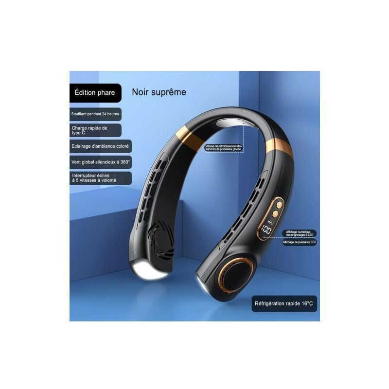 ME - Mini ventilateur de cou électrique portable usb, silencieux, affichage numérique led, sans feuilles, lumières, 5 vitesses pour l'été