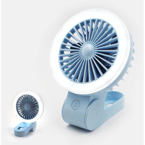 Mini ventilateur portable avec lumière LED, réglable, rechargeable par USB, pliable, pour poussette, bureau ou table, idéal pour enfants, femmes et adultes. Bleu tendre.
