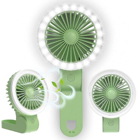 Mini ventilateur portable avec lumière LED, réglable, rechargeable par USB, pliable, pour poussette, bureau ou table, idéal pour enfants, femmes et adultes. Vert.