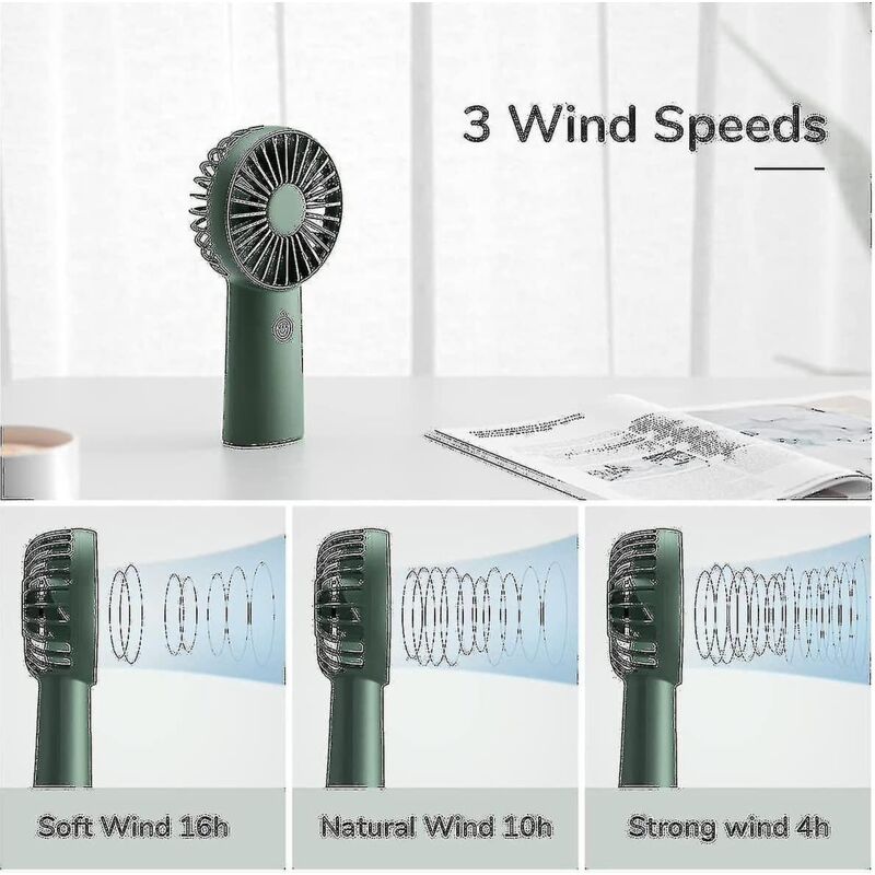 Mini ventilateur portable, ventilateur de poche personnel rechargeable par USB, 3 vitesses, 4000 mAh pour les voyages en plein air - Vert
