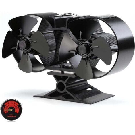Mini ventilateur pour poêle à bois, 8 pales et double moteur thermique, noir