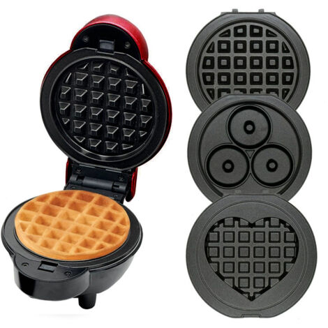 Mini Waffle Maker with Interchangeable Plates, 4 Shapes - Pumpkin, Gingerbread, Heart and Classic, Non-Stick Coating, Ideal for Children's Birthdays, Red