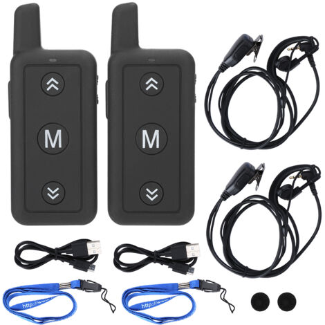 Mini-Walkie-Talkies (1 W, 400–480 MHz) mit Mikrofon, Headset, Ohrhörer und Haken