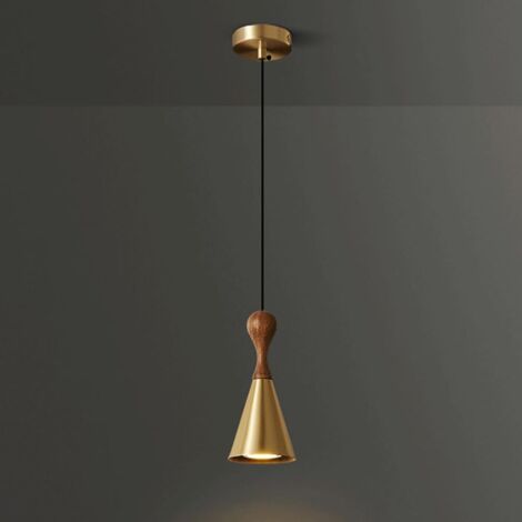 Mini walnut pendant light with brass shade, decorative bedside hanging lamp, E27 socket
