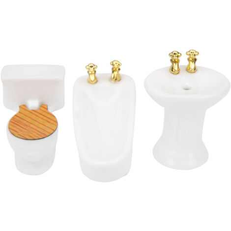 Miniatur-Badezimmer-Set im Maßstab 1:24, Keramikbadewanne, Toilette und weißes Waschbecken