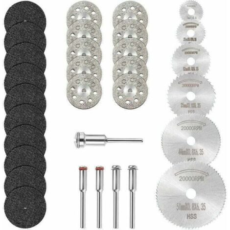 Miniatur-Diamanttrennscheibe, Miniatur-HSS-Kreissägeblatt und Miniatur-Harztrennscheibe (3-mm-Dorn) für Holz, Stein und Metall (31-teilige Packung)