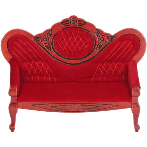 Miniatur-Sofa aus rotem Vintage-Holz im Maßstab 1:12 für Puppenhausdekoration, realistisches Wohnzimmer