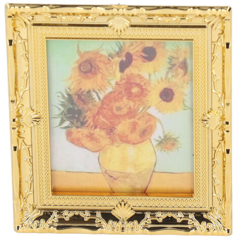 Miniatur-Sonnenblumenbild für Puppenhäuser im Maßstab 1:12, handgefertigter Goldrahmen, Dekoration für Mädchenzimmer