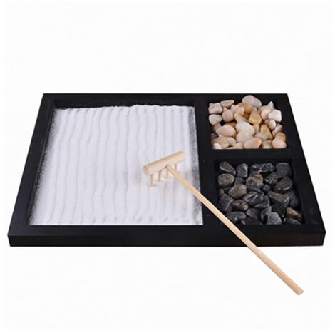 Miniatur-Zen-Sandtisch mit Rechen und Steinen zur Bürodekoration