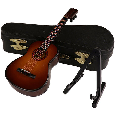 Miniature Guitare Modèle en Bois Instrument De Musique Affichage avec Support De Stand et Cas Dollhouse Accessoires Petit Artisanat Ornements Home Decor (Brown 10cm)