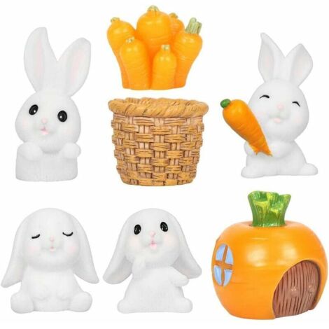 Miniature Lapin Ornement, 7 Pcs Mini Figurine Lapin, Lapin de Paques Carottes Maison, pour Fée Jardin Paysage Décoration Animaux Figurines Dessin Animé Figure Collection-Autre décoration pour Noël