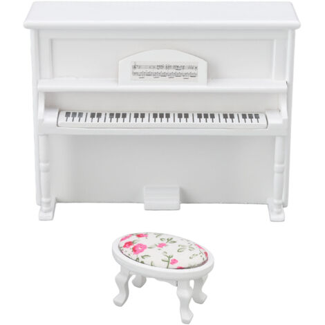 Miniature Piano en Bois Blanc 1:12 avec Tabouret, Décoration Maison de Poupée, Idée Cadeau Accessoire