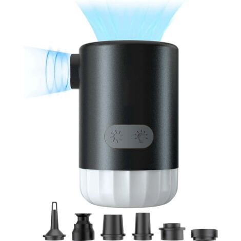 Minibomba de aire portátil para inflar, 2 baterías de 2000 mAh, 5 kPa con luz LED, ideal para camping, piscina, color negro.