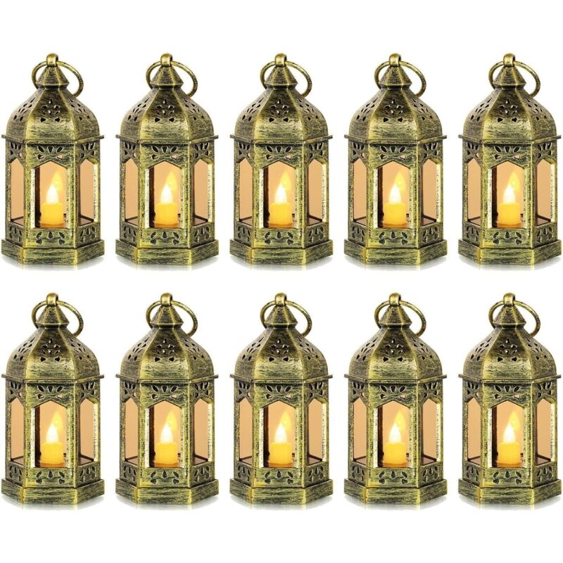 Mini Lanterne LED Exterieur - Lot de 10 Lanterne Bougie doré Decorative Bougeoir pour Halloween, Mariage, Noel, Decoration de Table, Piles Incluses