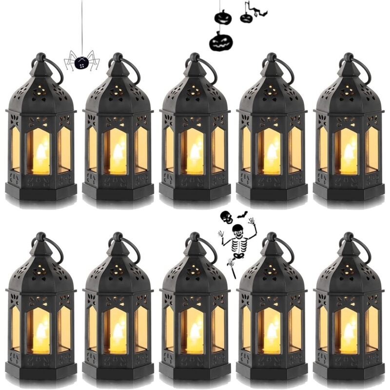 Mini Lanterne LED Exterieur - Lot de 10 Lanterne Bougie Noir Decorative Bougeoir pour Halloween, Ramadan, Mariage, Noel, Decoration de Table, Piles